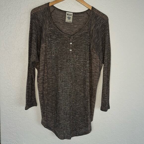 NEW Vocal Brown Thermal Long Sleeve Silver Studded Top Oversized Western Fall - Picture 1 of 7